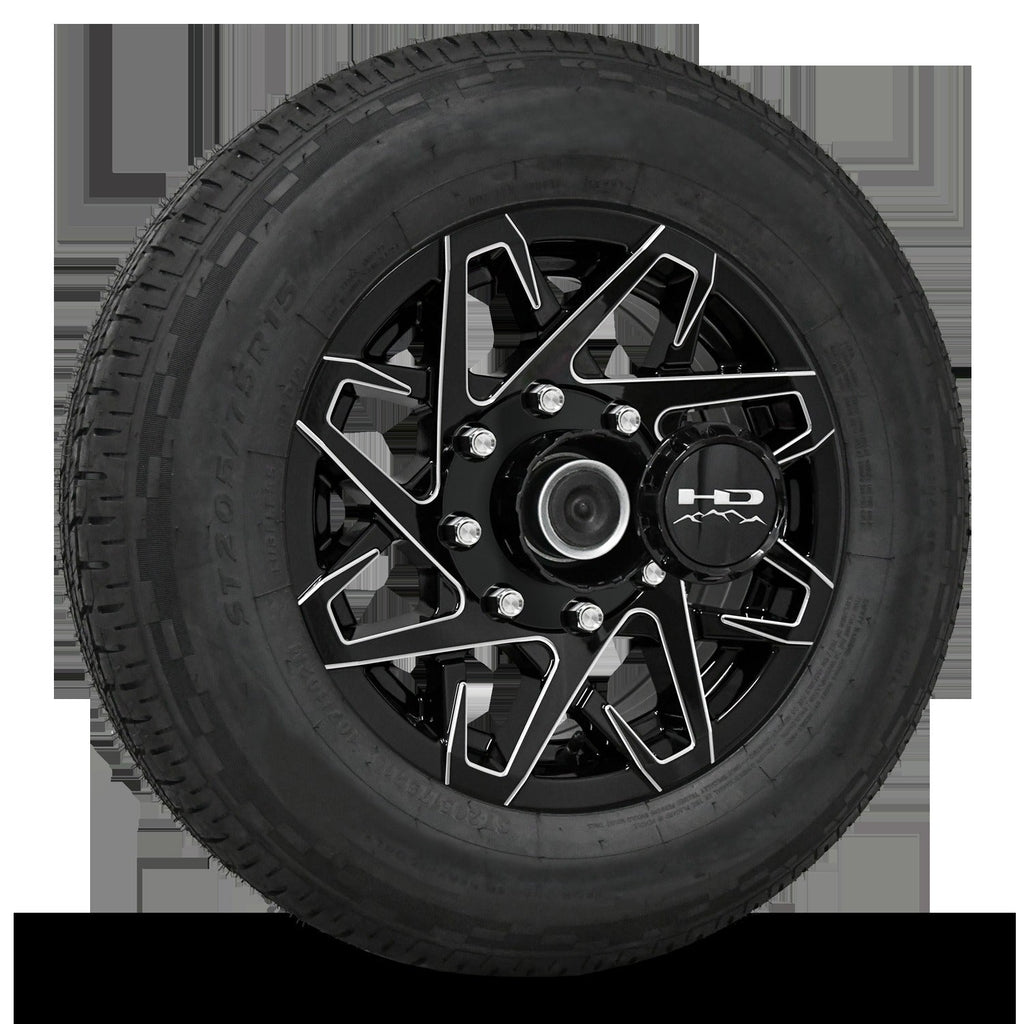 16 INCH | 8 on 6-1/2 | CANYON Aluminum Trailer Wheel w/ Radial Tire Assembly | Gloss Black with Milled Edges ( 1pc )