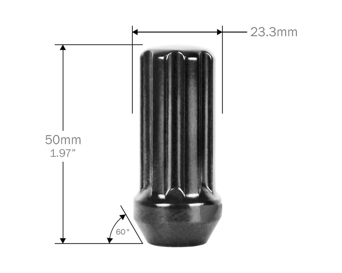 Perfectly Tight 7 Spline Lug Nut Tapered Seat 1/2-20 x 50mm - Black Steel - Set of 32 w/ Key