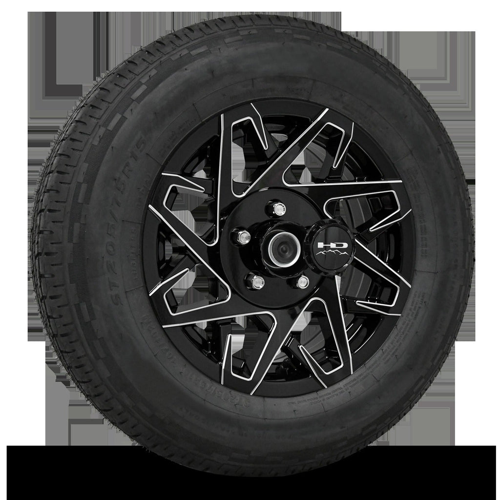 15 INCH | 5 on 4-1/2 | CANYON Aluminum Trailer Wheel w/ Radial Tire Assembly | Gloss Black with Milled Edges ( 1pc )
