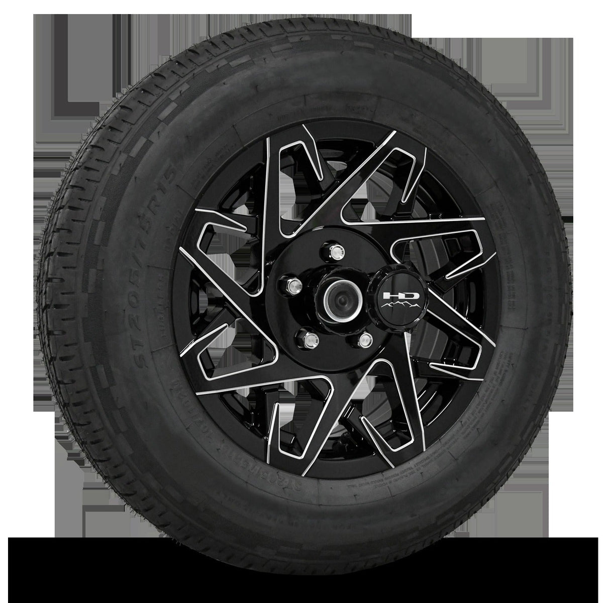 15 INCH | 5 on 4-1/2 | CANYON Aluminum Trailer Wheel w/ Radial Tire Assembly | Gloss Black with Milled Edges ( 1pc )