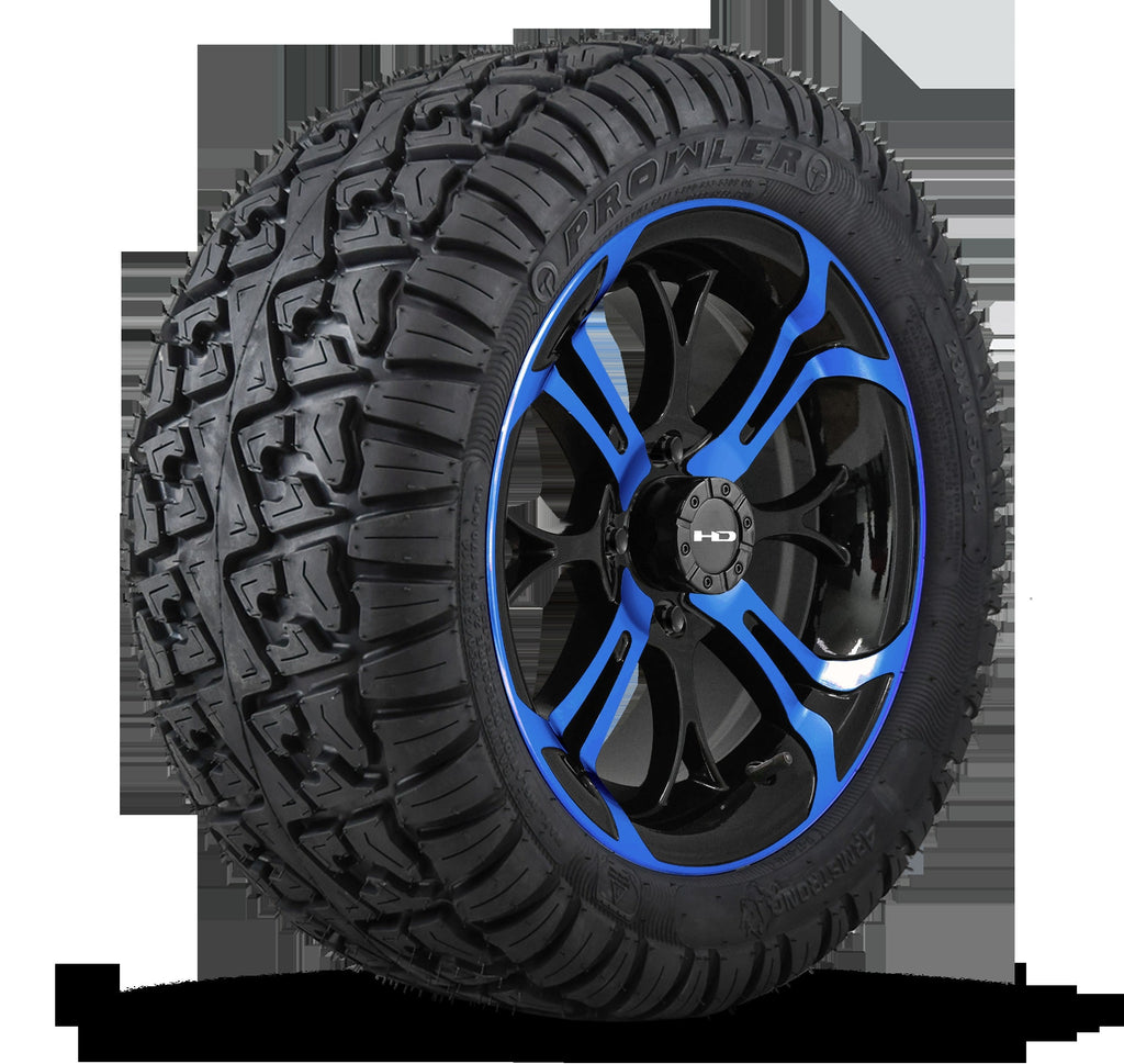 HD Golf Wheel & Tire Package ( 1pc ) 14x7.0 Spinout Gloss Black & Blue w ( 1pc ) 23 Inch A/T Tire
