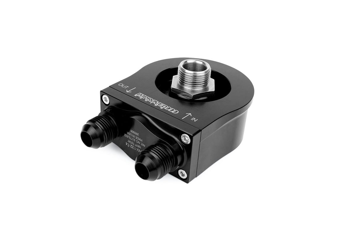 Improved Racing Oil Filter Sandwich Plate with Thermostat for Oil Coolers, -8AN Male Ports, 200°F
