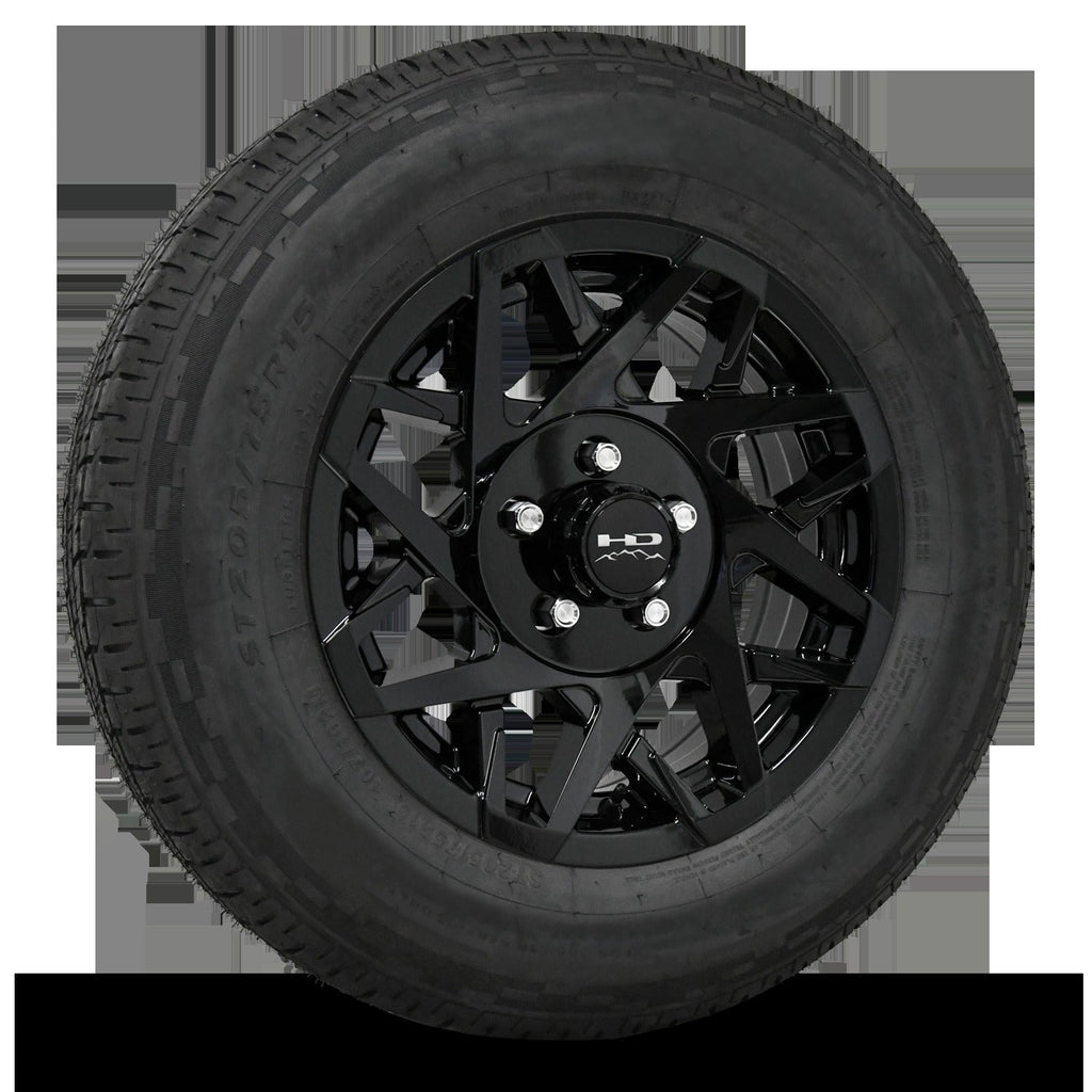 14 INCH | 5 on 4-1/2 | CANYON Aluminum Trailer Wheel w/ Radial Tire Assembly | All Gloss Black ( 1pc )
