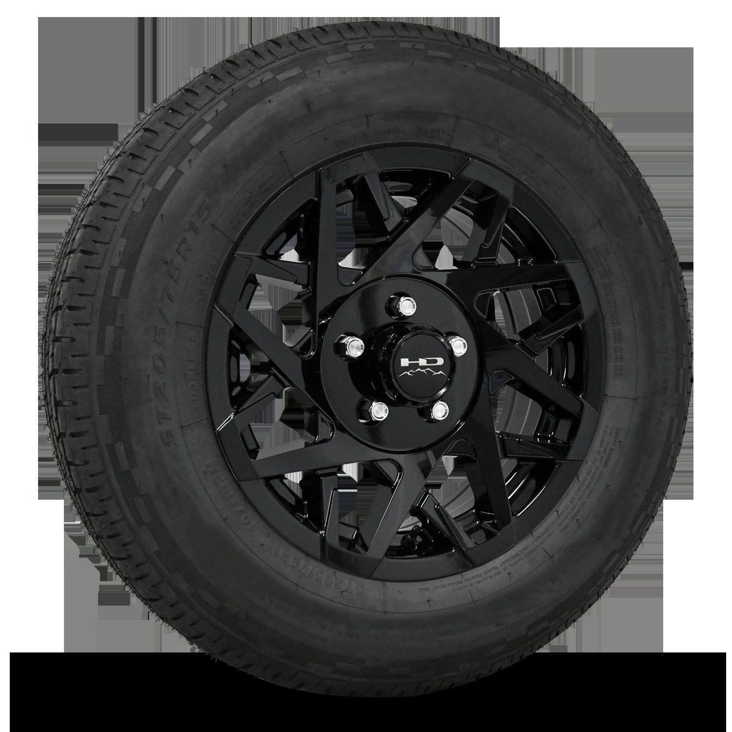 14 INCH | 5 on 4-1/2 | CANYON Aluminum Trailer Wheel w/ Radial Tire Assembly | All Gloss Black ( 1pc )