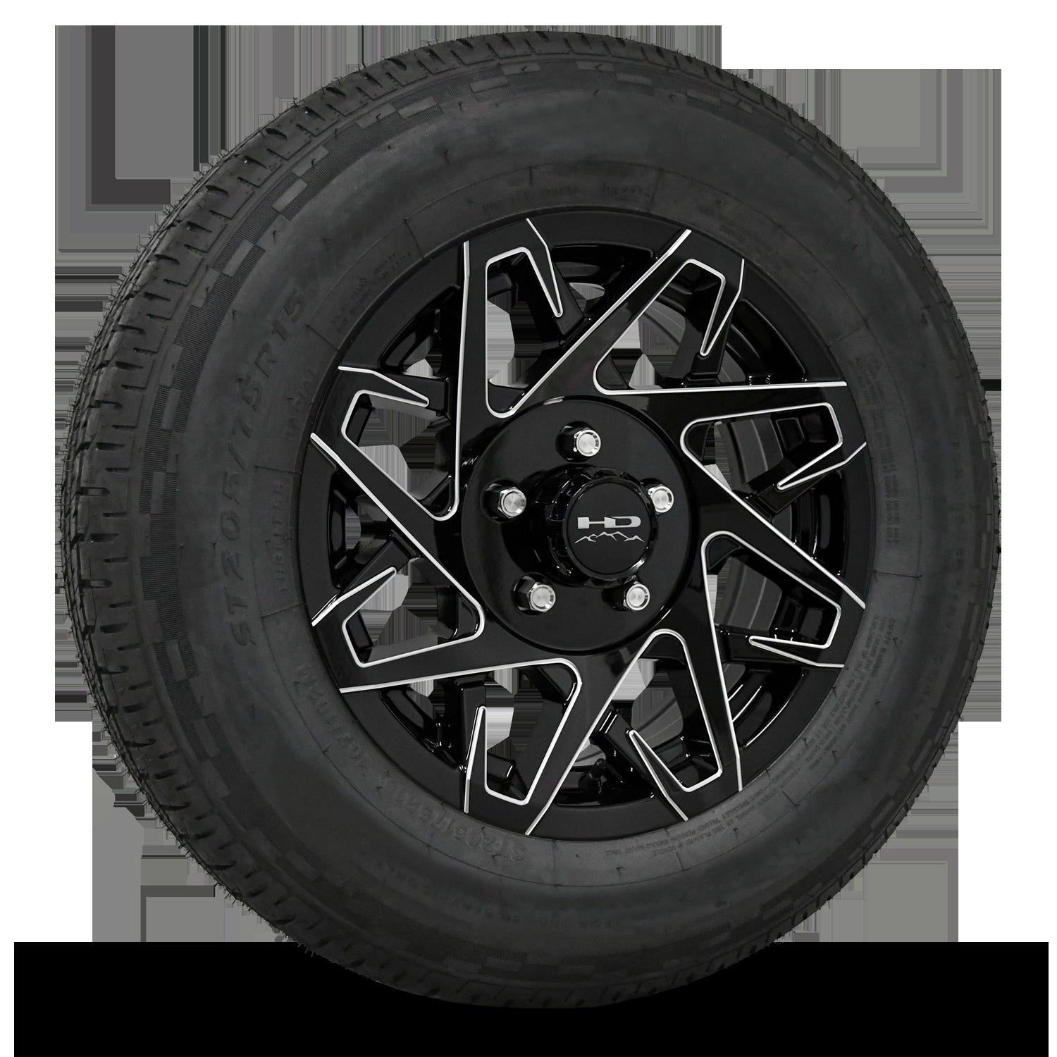 15 INCH | 5 on 4-1/2 | CANYON Aluminum Trailer Wheel w/ Radial Tire Assembly | Gloss Black with Milled Edges ( 1pc )