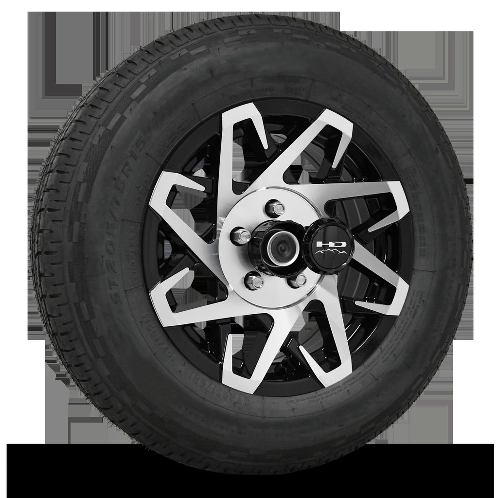 15 INCH | 5 on 4-1/2| CANYON Aluminum Trailer Wheel w/ Radial Tire Assembly | Gloss Black with Machined Face ( 1pc )