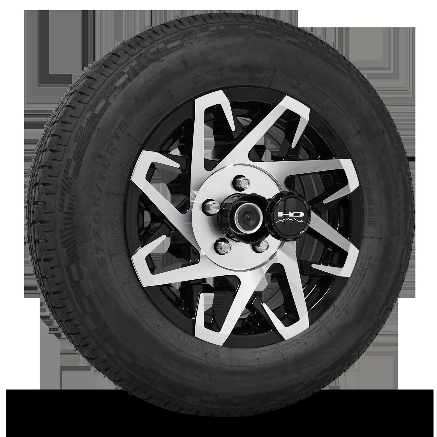 15 INCH | 5 on 4-1/2| CANYON Aluminum Trailer Wheel w/ Radial Tire Assembly | Gloss Black with Machined Face ( 1pc )