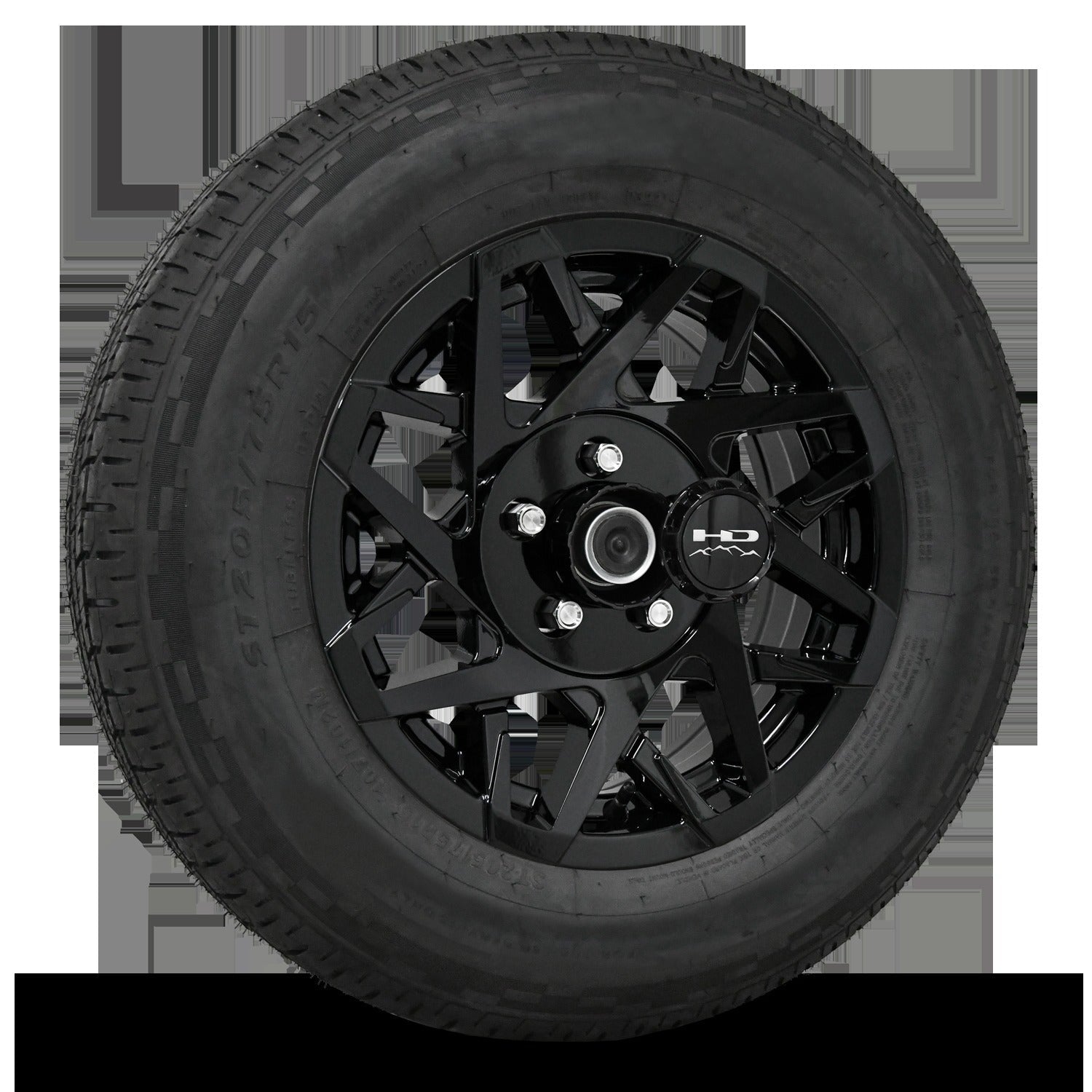 15 INCH | 5 on 4-1/2 | CANYON Aluminum Trailer Wheel w/ Radial Tire Assembly | All Gloss Black ( 1pc )