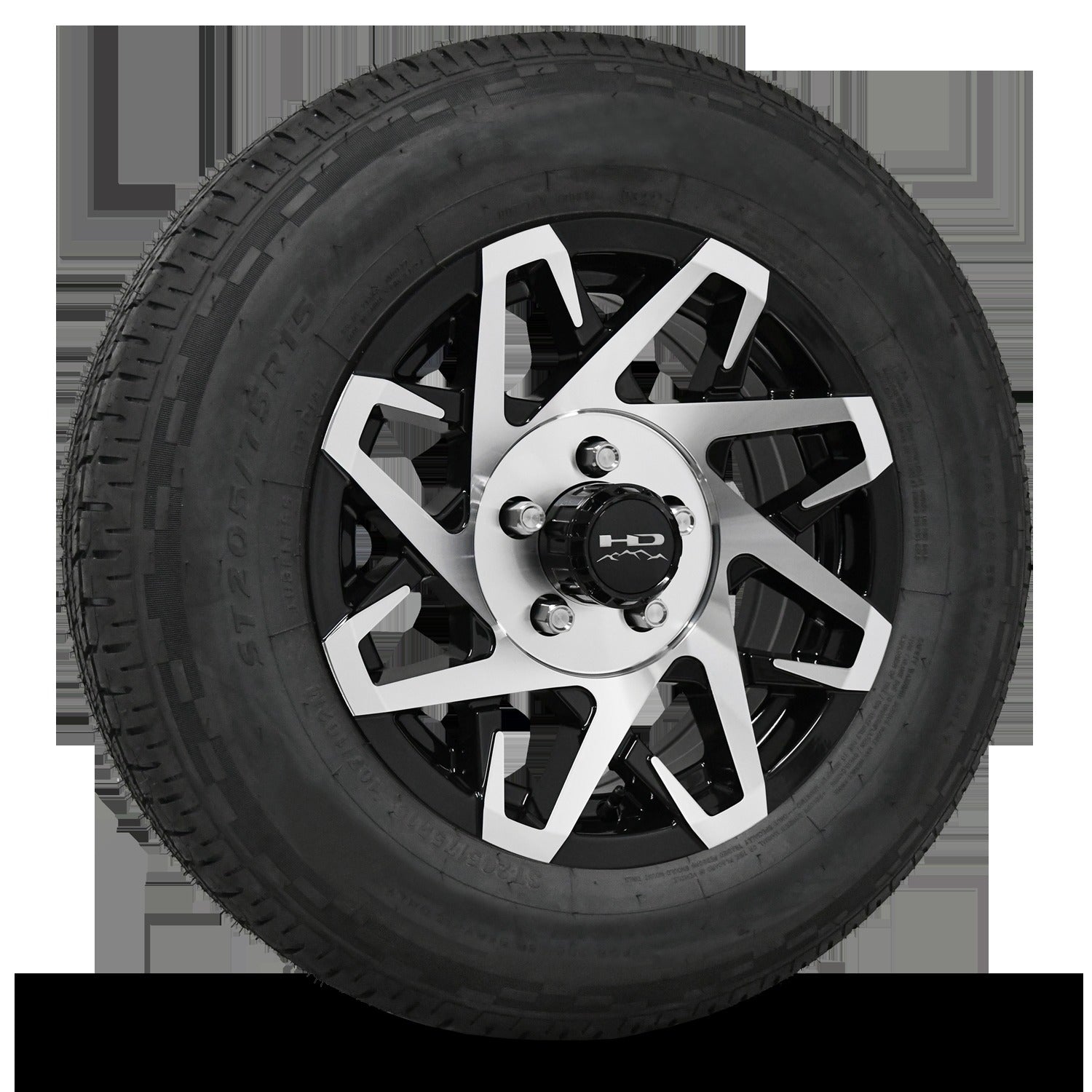 14 INCH | 5 on 4-1/2 | CANYON Aluminum Trailer Wheel w/ Radial Tire Assembly | Gloss Black with Machined Face ( 1pc )