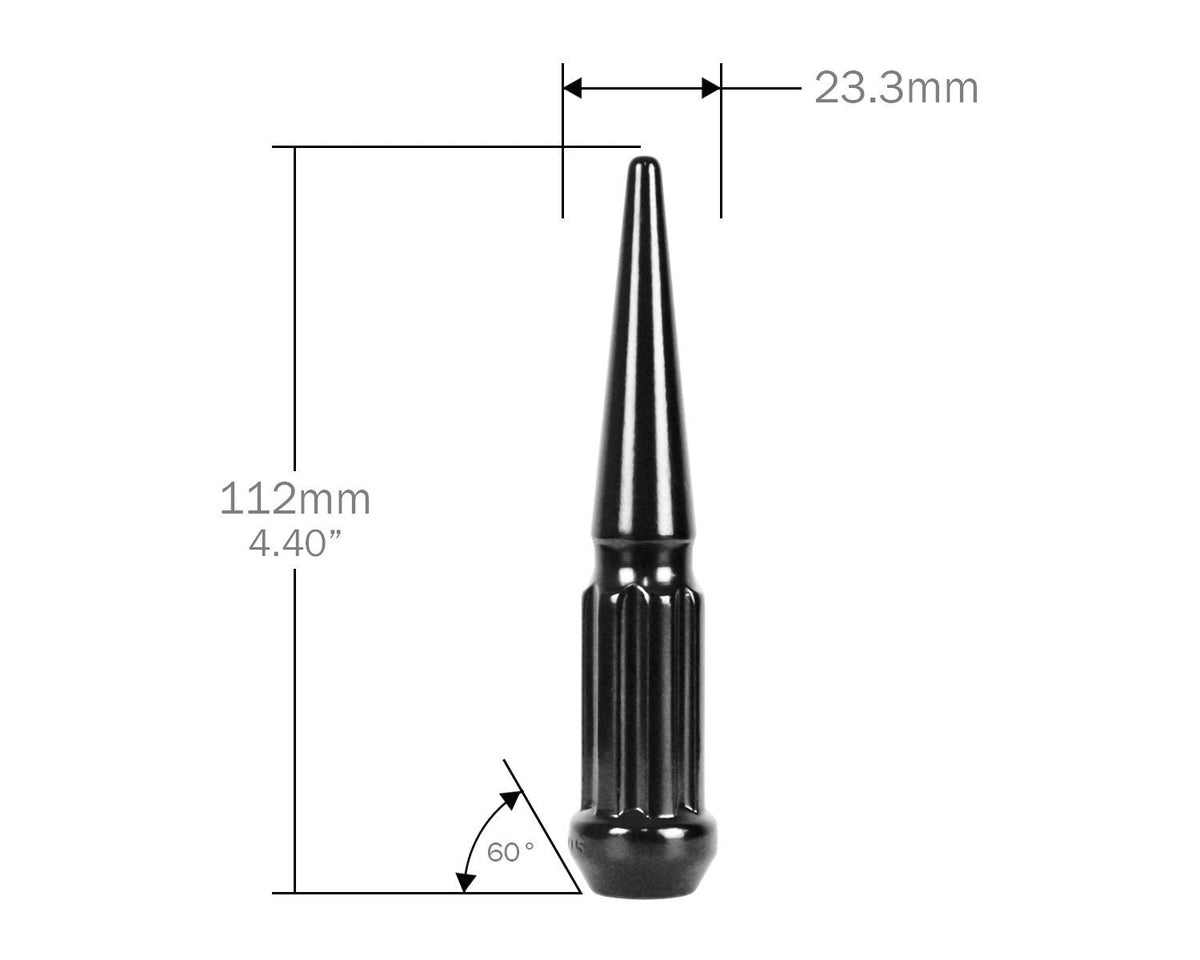 Perfectly Tight 7 Spline Spike Lug Nut Tapered Seat 14x1.5 x 112mm - Black Steel - Set of 32 w/ Key