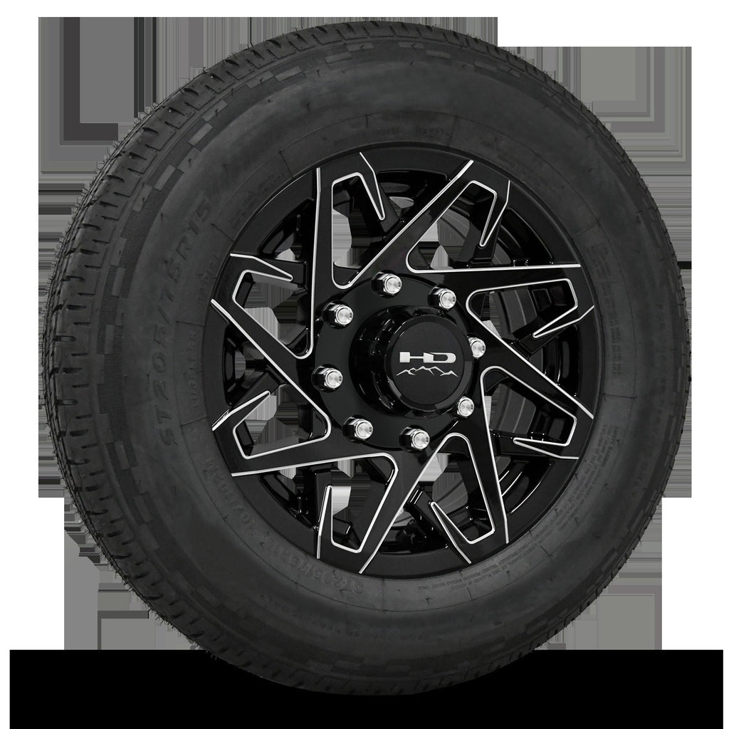 16 INCH | 8 on 6-1/2 | CANYON Aluminum Trailer Wheel w/ Radial Tire Assembly | Gloss Black with Milled Edges ( 1pc )