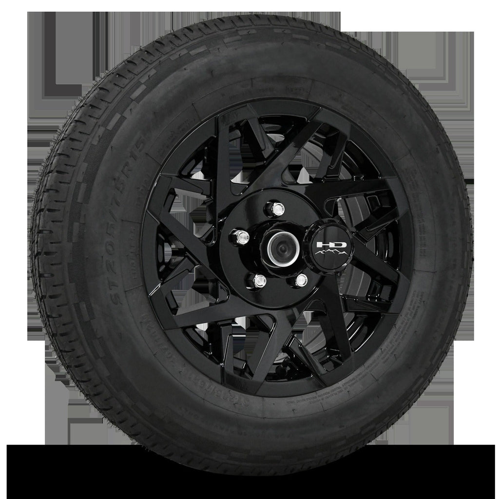 14 INCH | 5 on 4-1/2 | CANYON Aluminum Trailer Wheel w/ Radial Tire Assembly | All Gloss Black ( 1pc )