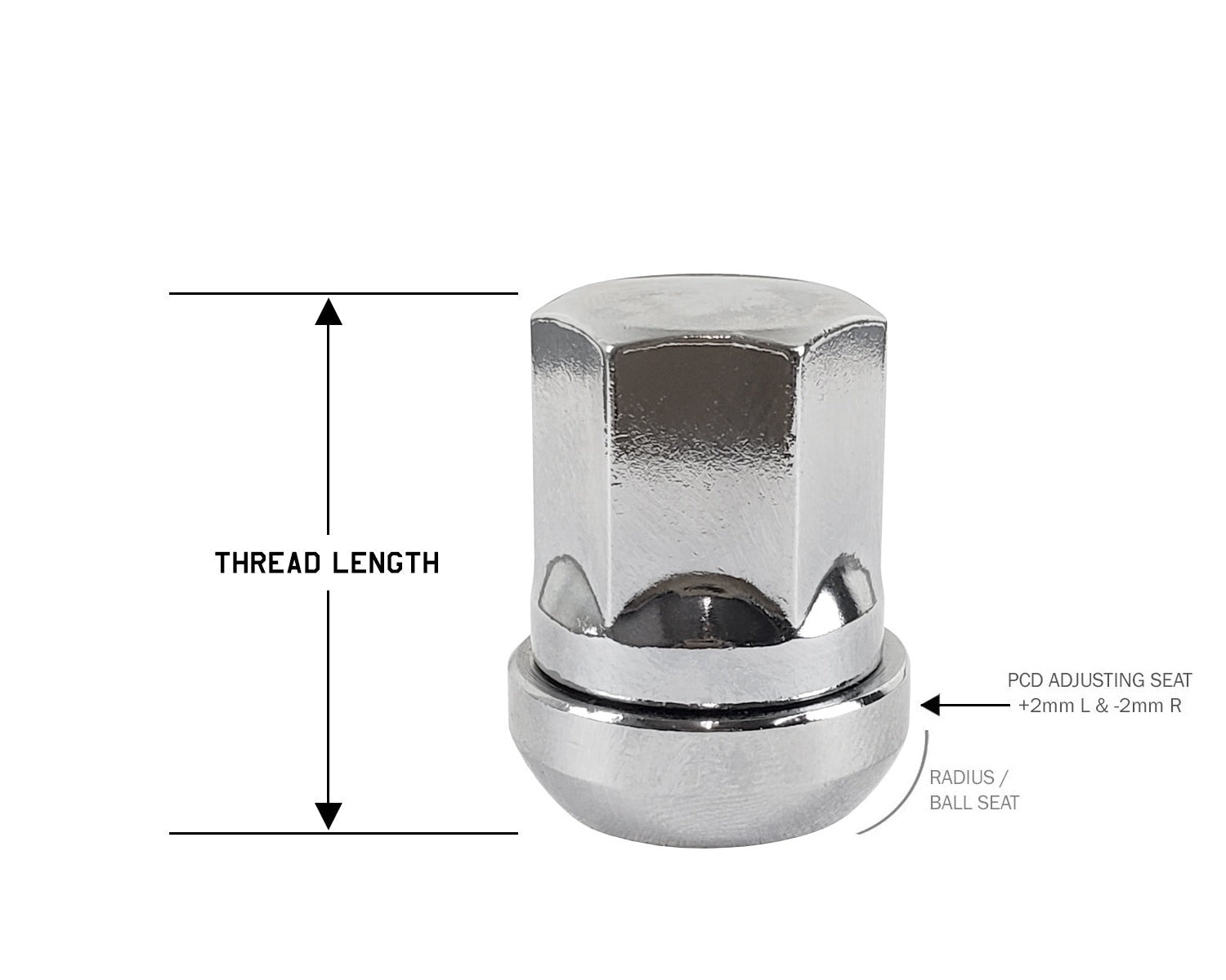Perfectly Tight Adjustable 19mm Hex Lug Nut Radius Seat 12x1.25 x 32mm - Chrome Steel - Set of 20