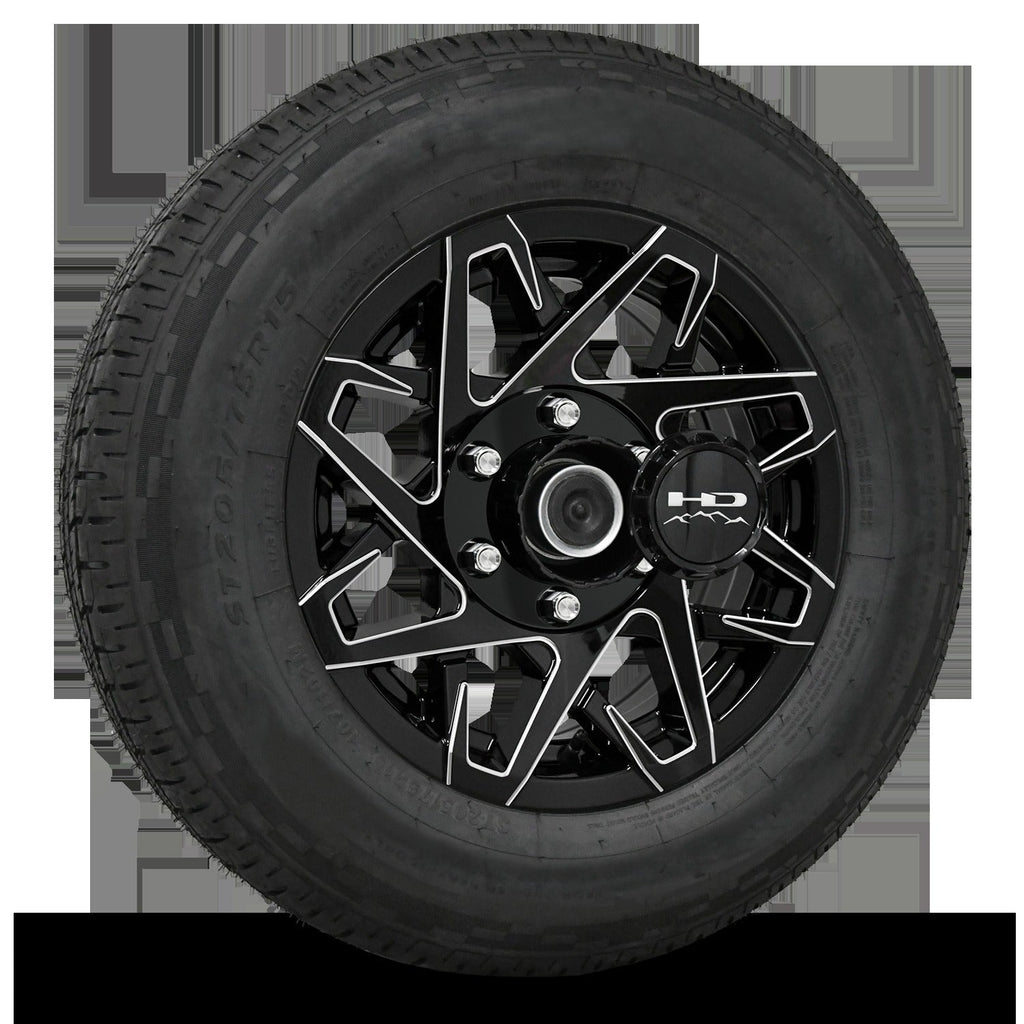 15 INCH | 6 on 5-1/2 | CANYON Aluminum Trailer Wheel w/ Radial Tire Assembly | Gloss Black with Milled Edges ( 1pc )