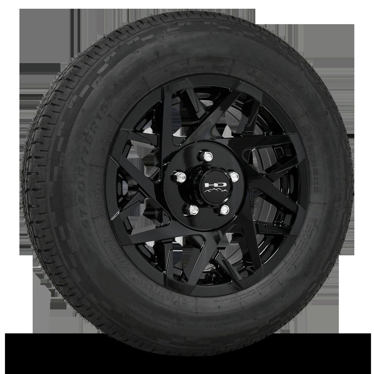 15 INCH | 5 on 4-1/2 | CANYON Aluminum Trailer Wheel w/ Radial Tire Assembly | All Gloss Black ( 1pc )