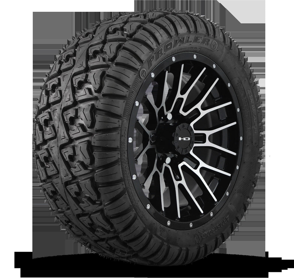 HD Golf Wheel & Tire Package ( 1pc ) 12x7.0 RTC Gloss Black Machined Face + Rivets w ( 1pc ) 23 Inch A/T Tire