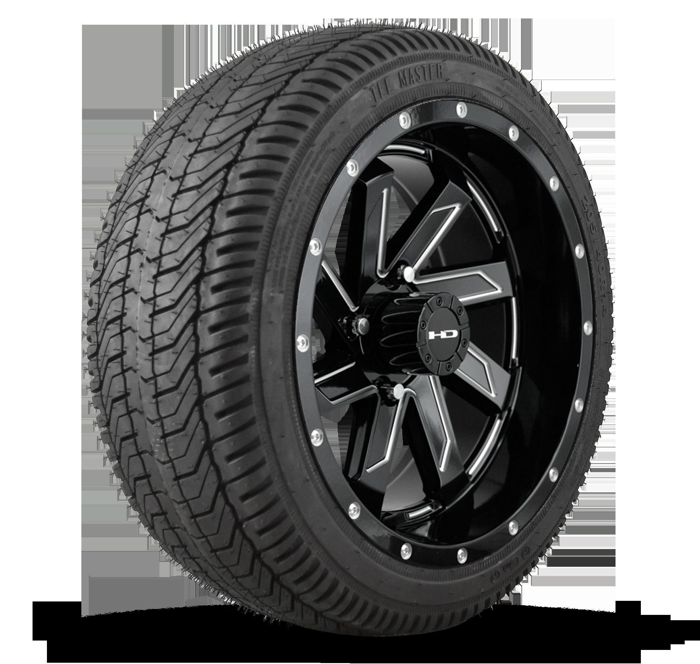 HD Golf Wheel & Tire Package ( 1pc ) 14x7.0 SAW Gloss Black Milled Edges w ( 1pc ) 205/40-14 All-Season Tire