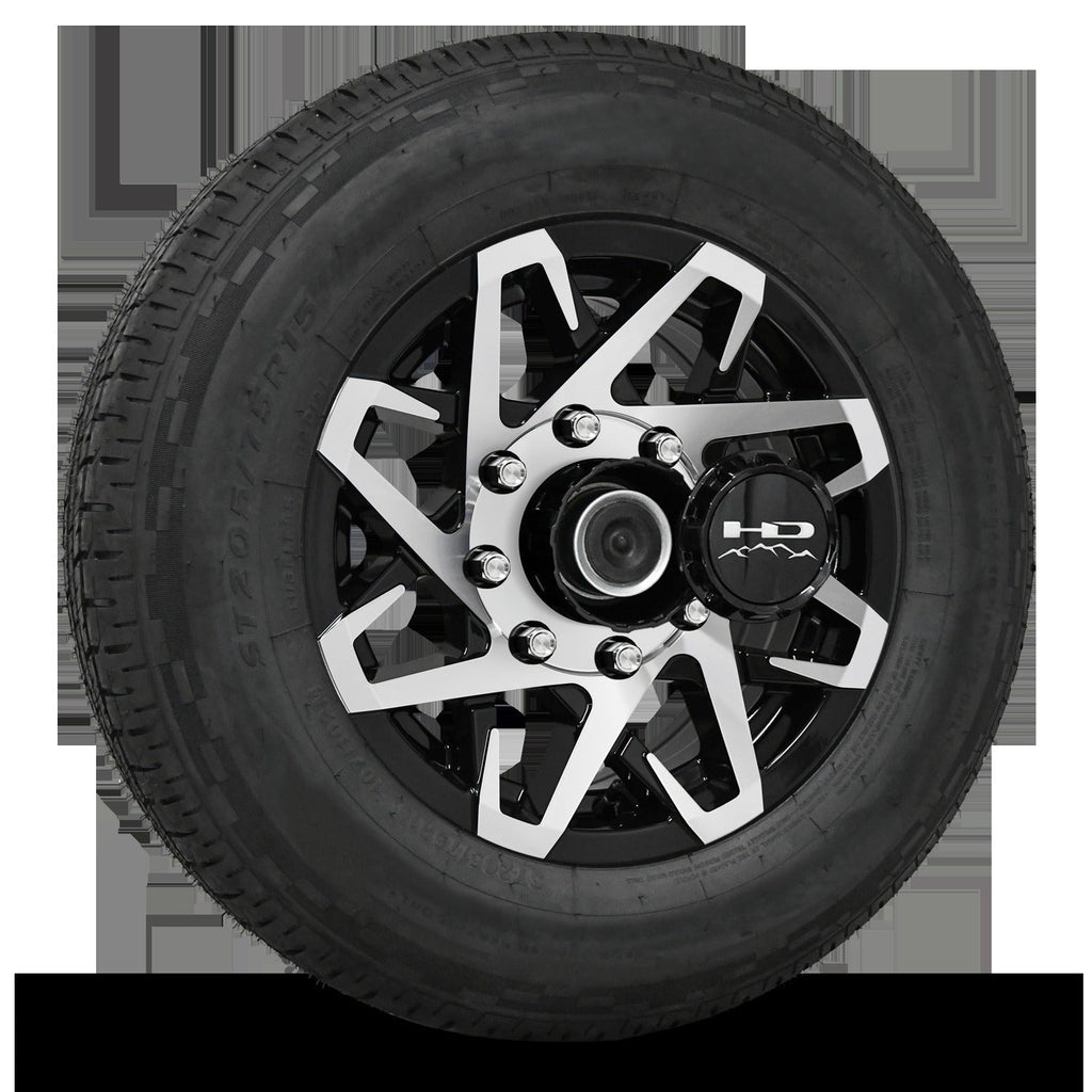 16 INCH | 8 on 6-1/2 | CANYON Aluminum Trailer Wheel w/ Radial Tire Assembly | Gloss Black with Machined Face ( 1pc )