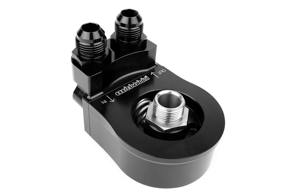 Improved Racing Oil Filter Sandwich Plate with Thermostat for Oil Coolers, 90-Degree Ports, 200°F