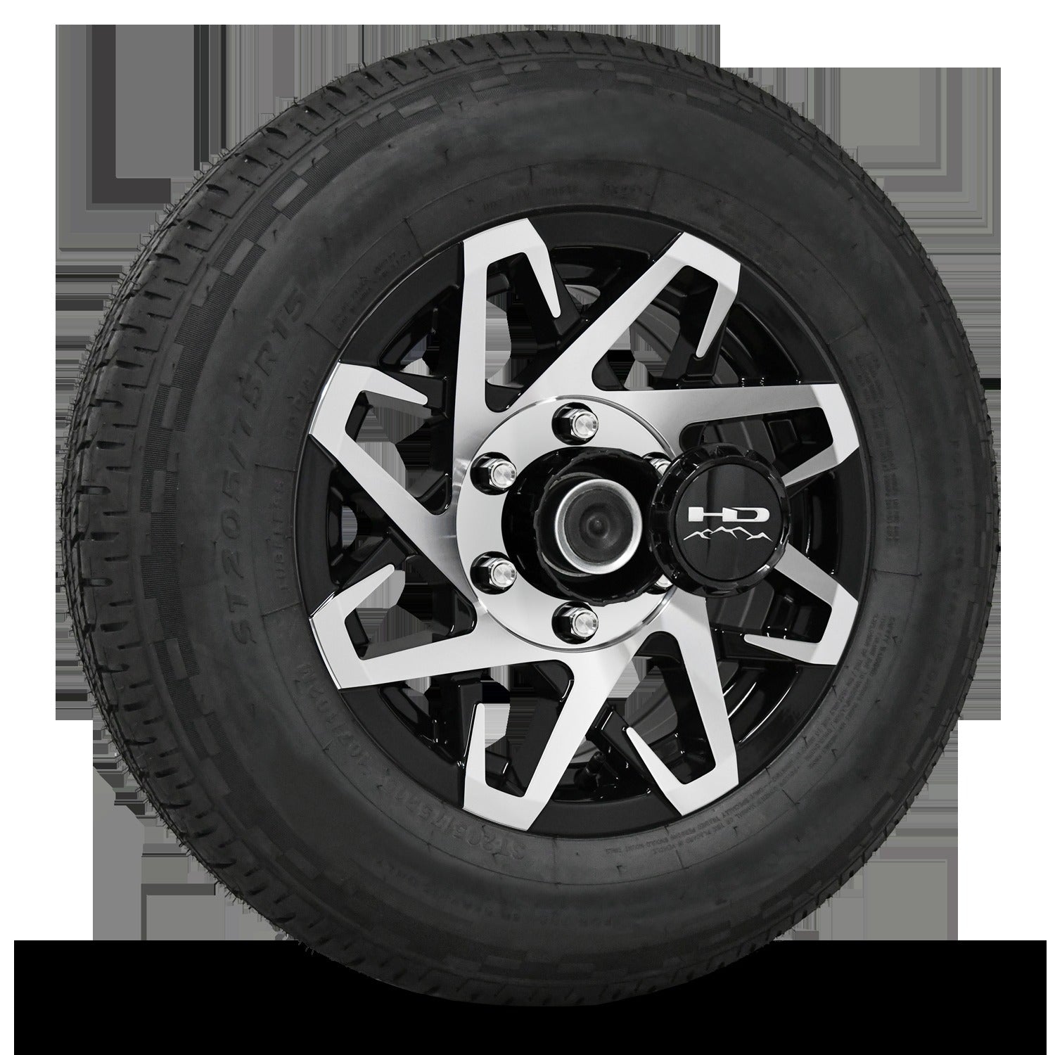 15 INCH | 6 on 5-1/2 | CANYON Aluminum Trailer Wheel w/ Radial Tire Assembly | Gloss Black with Machined Face ( 1pc )