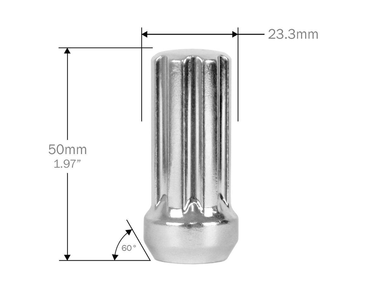 Perfectly Tight 7 Spline Lug Nut Tapered Seat 9/16-18 x 50mm - Chrome Steel - Set of 20 w/ Key