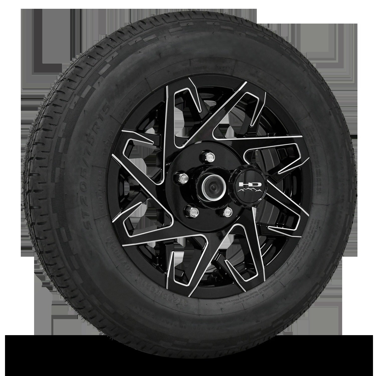 14 INCH | 5 on 4-1/2 | CANYON Aluminum Trailer Wheel w/ Radial Tire Assembly | Gloss Black with Milled Edges ( 1pc )