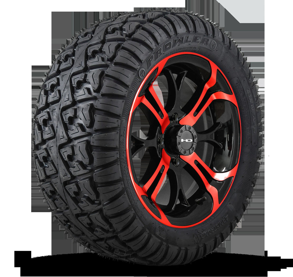 HD Golf Wheel & Tire Package ( 1pc ) 14x7.0 Spinout Gloss Black & Red w ( 1pc ) 23 Inch A/T Tire