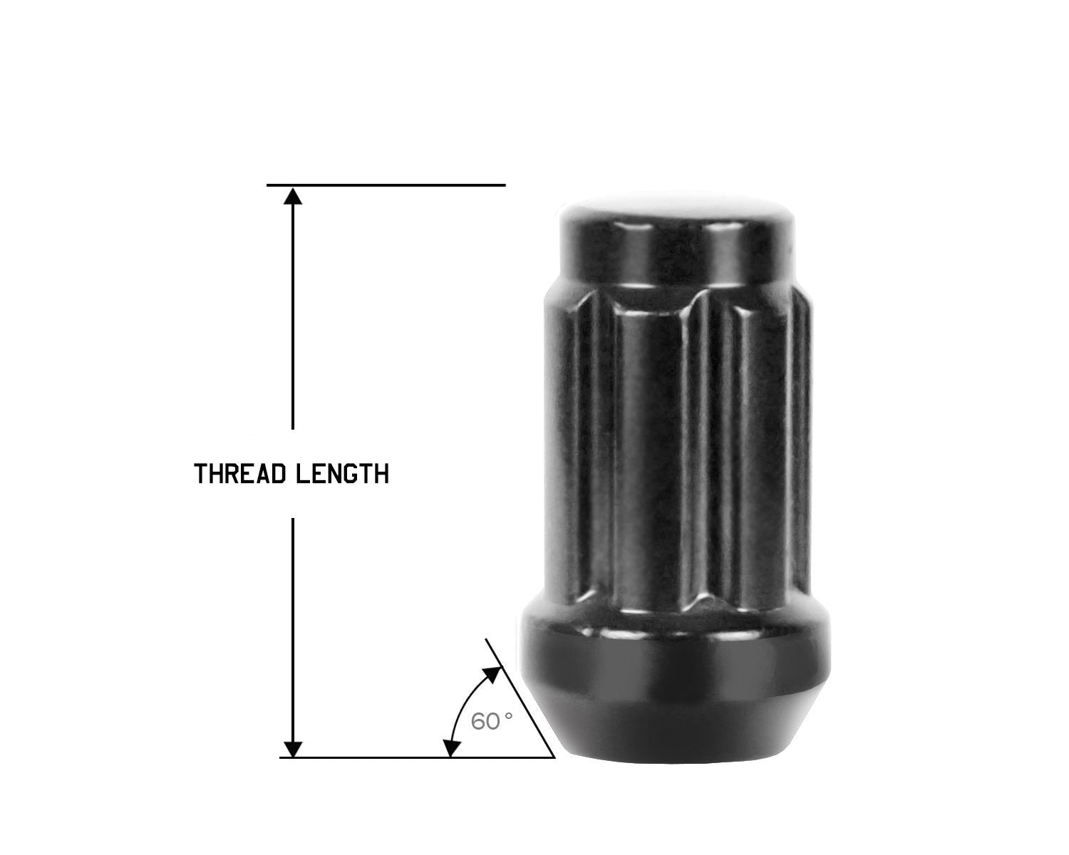 Perfectly Tight 7 Spline Lug Nut Bulged Tapered Seat 14x1.5 x 35mm - Black Steel - Set of 20 w/ Key