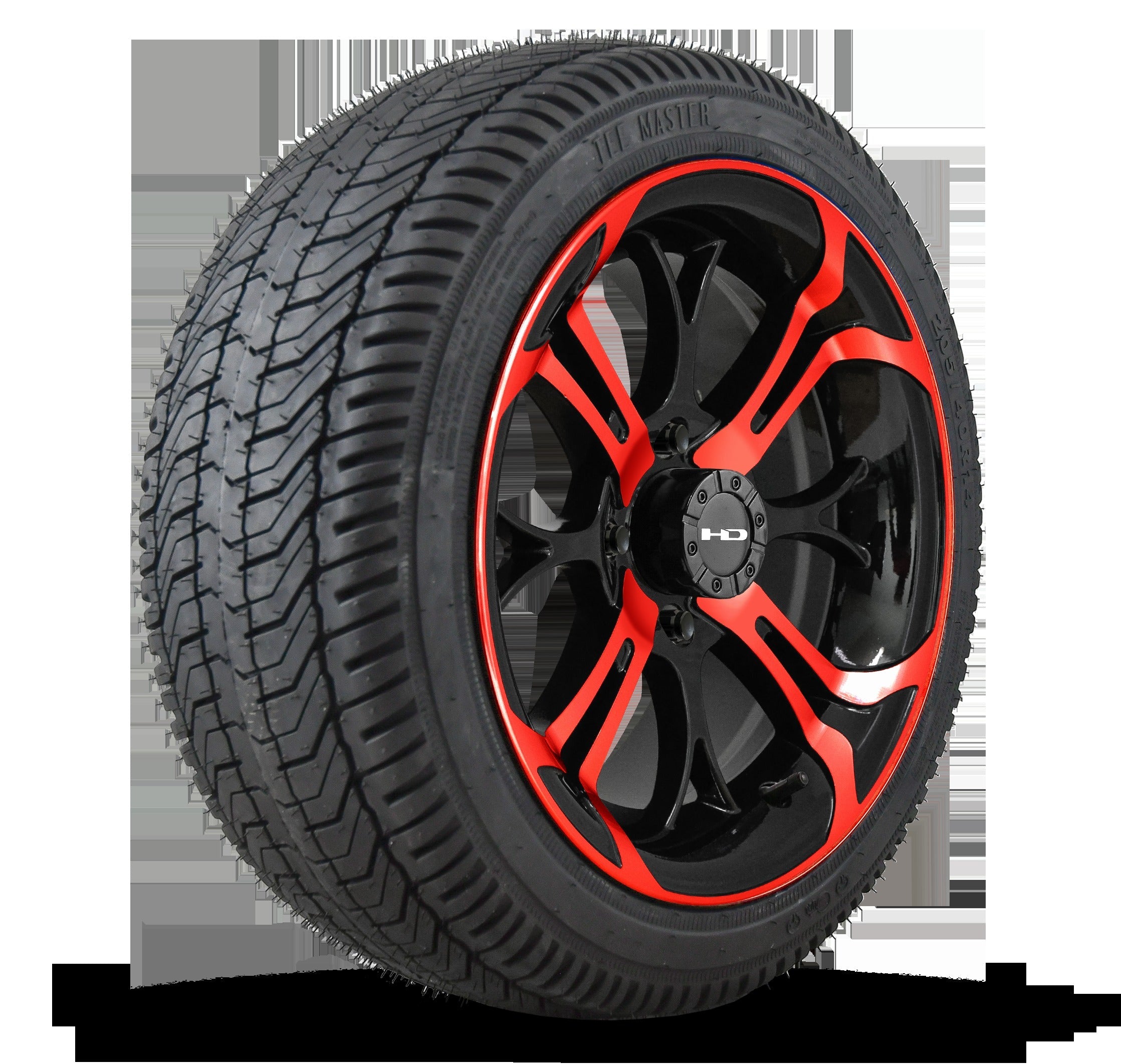 HD Golf Wheel & Tire Package ( 1pc ) 14x7.0 Spinout Gloss Black & Red w ( 1pc ) 205/40-14 All-Season Tire
