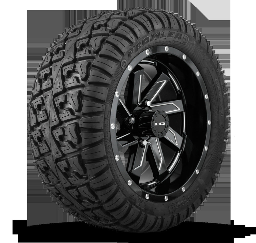 HD Golf Wheel & Tire Package ( 1pc ) 14x7.0 SAW Gloss Black Milled Edges w ( 1pc ) 23 Inch A/T Tire