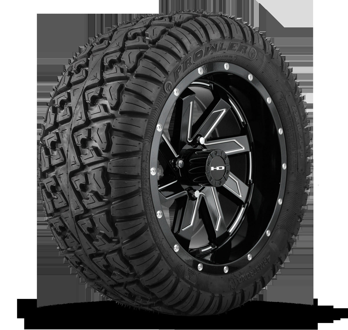 HD Golf Wheel & Tire Package ( 1pc ) 14x7.0 SAW Gloss Black Milled Edges w ( 1pc ) 23 Inch A/T Tire