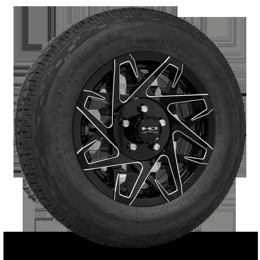 14 INCH | 5 on 4-1/2 | CANYON Aluminum Trailer Wheel w/ Radial Tire Assembly | Gloss Black with Milled Edges ( 1pc )