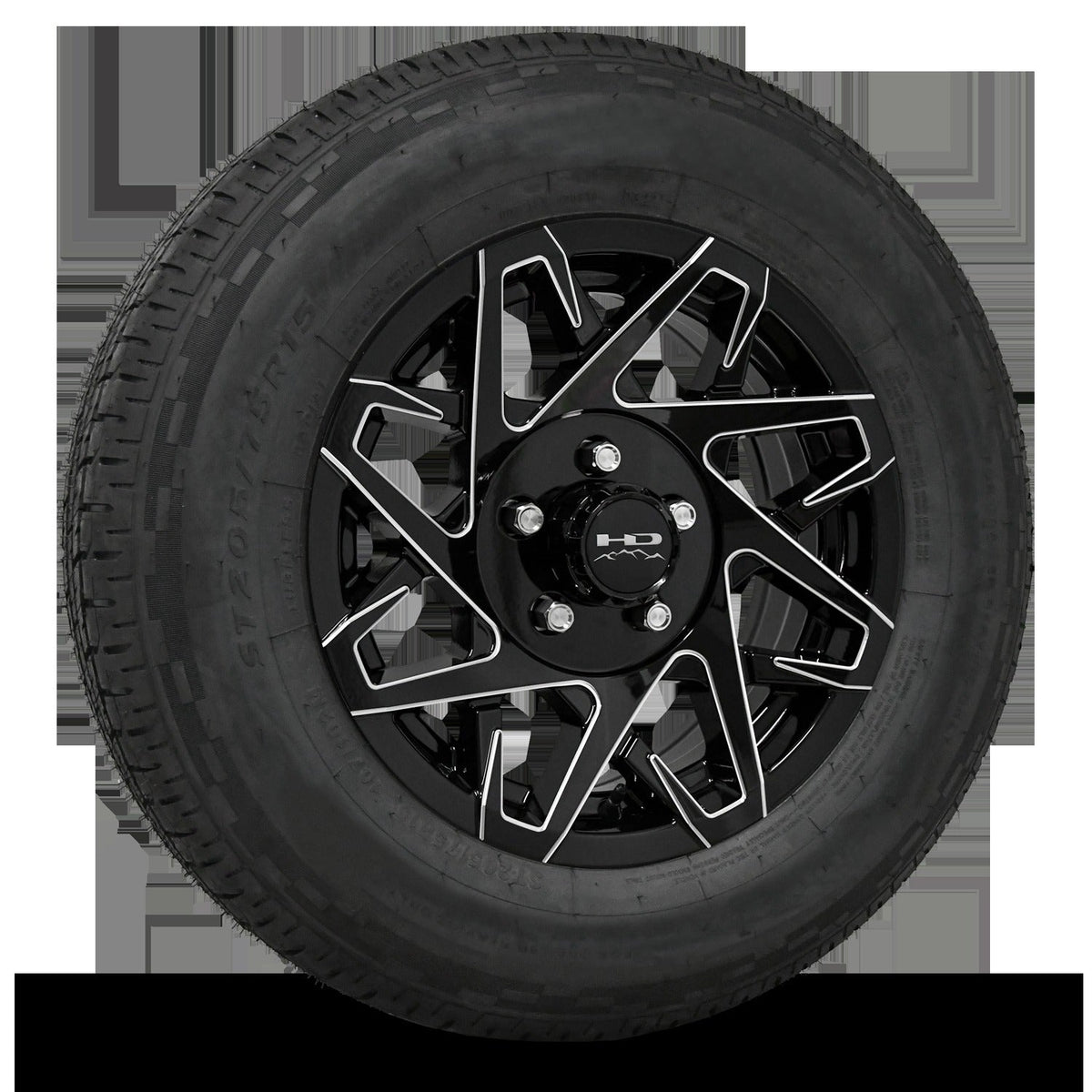 14 INCH | 5 on 4-1/2 | CANYON Aluminum Trailer Wheel w/ Radial Tire Assembly | Gloss Black with Milled Edges ( 1pc )