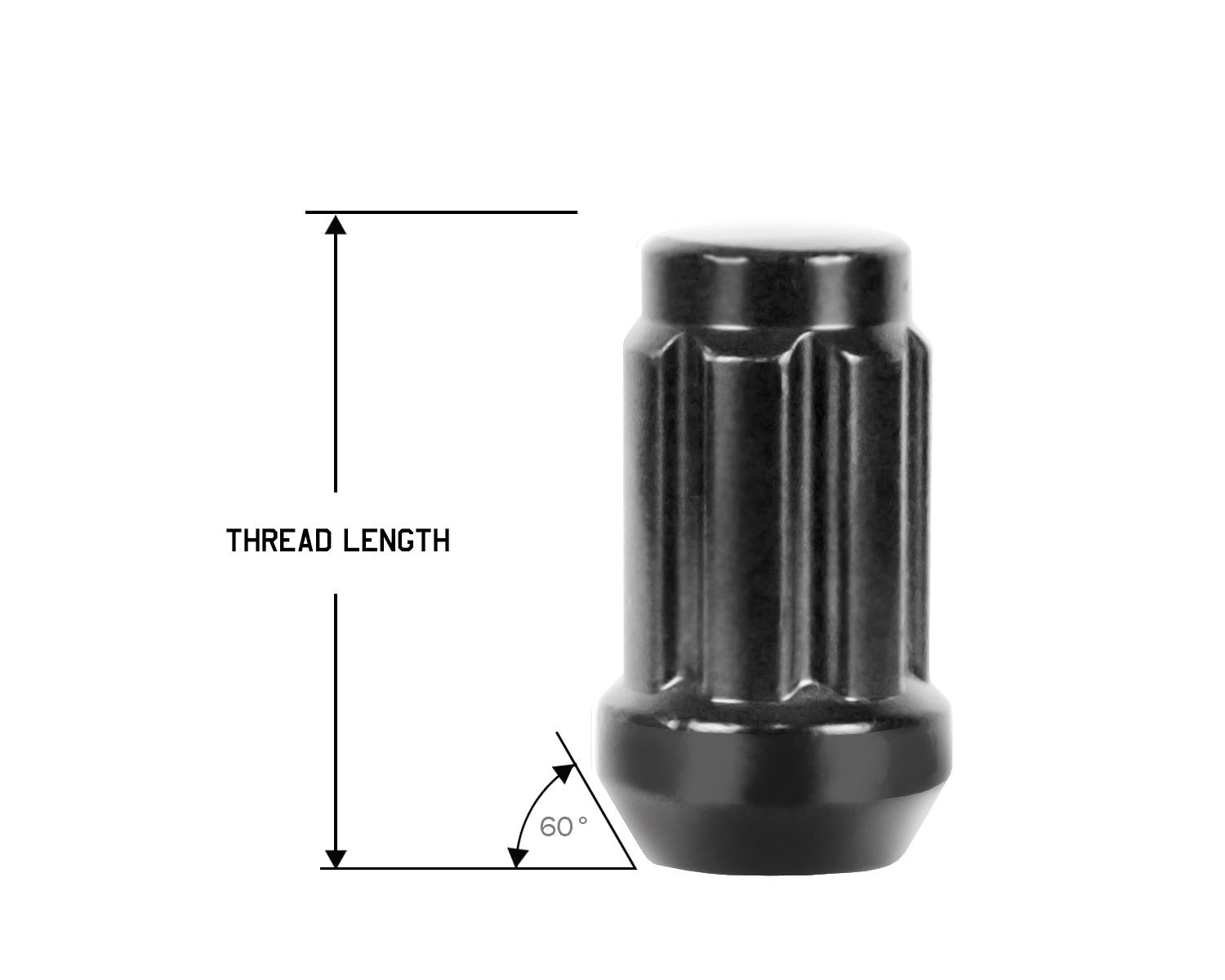 Perfectly Tight 7 Spline Lug Nut Tapered Seat 10x1.25 x 35mm - Black Steel - Set of 16 w/ Key