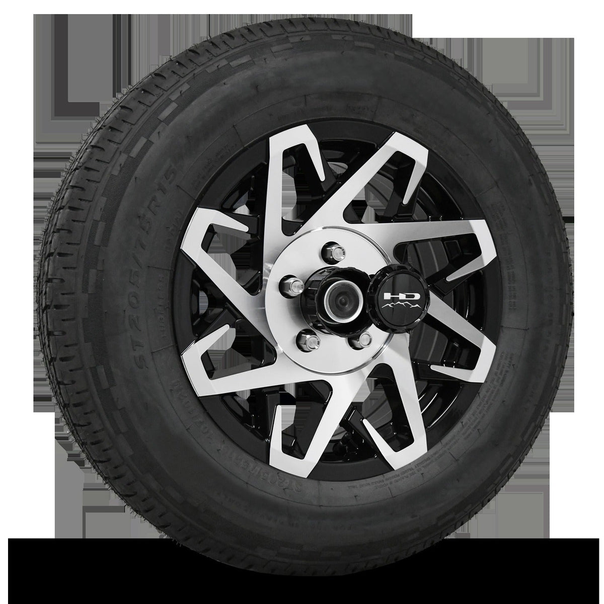 14 INCH | 5 on 4-1/2 | CANYON Aluminum Trailer Wheel w/ Radial Tire Assembly | Gloss Black with Machined Face ( 1pc )