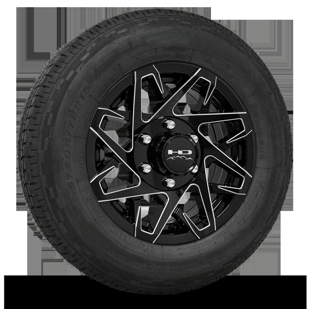 16 INCH | 6 on 5-1/2 | CANYON Aluminum Trailer Wheel w/ Radial Tire Assembly | Gloss Black with Milled Edges ( 1pc )