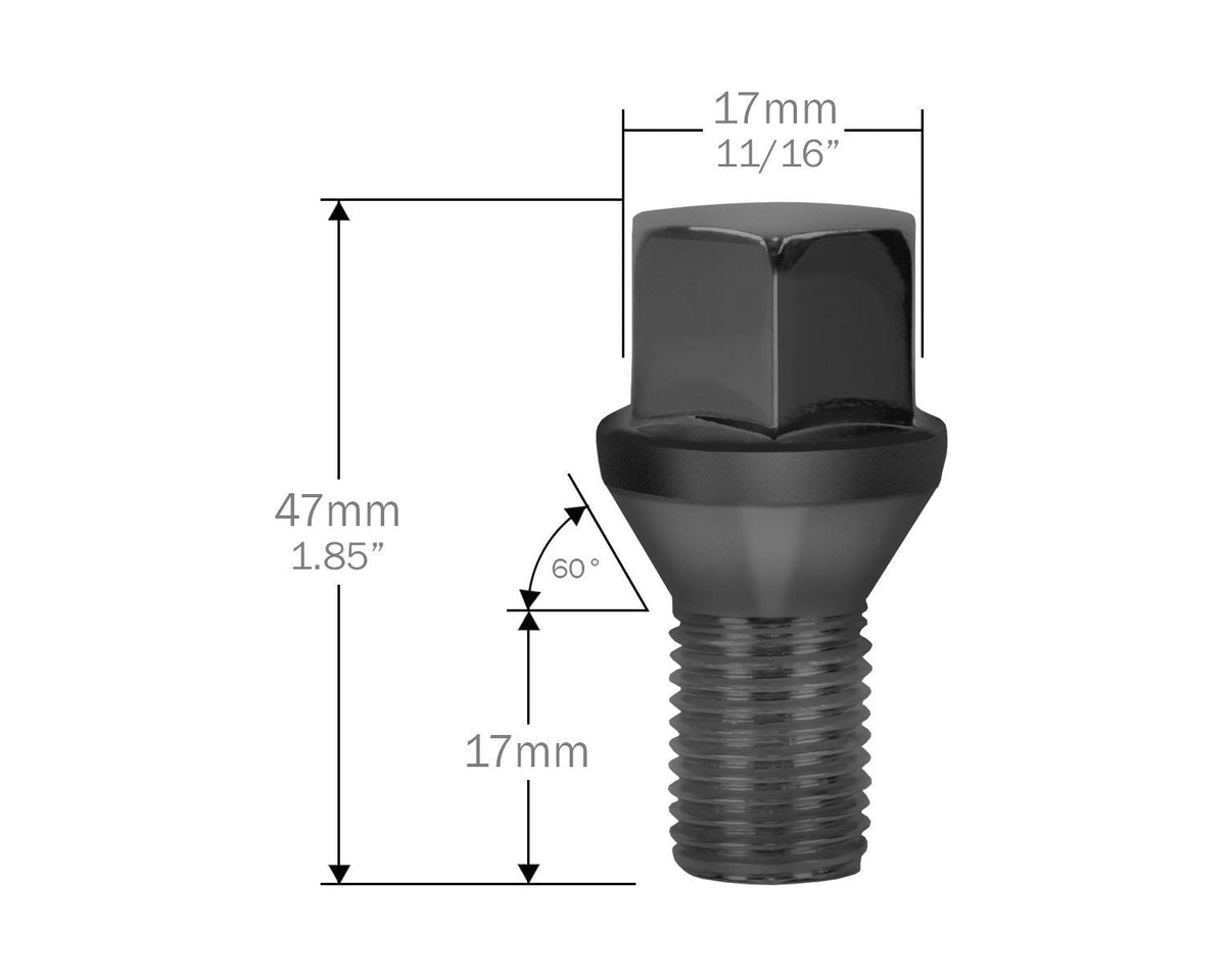 Perfectly Tight 17mm Hex Lug Bolt Tapered Seat 14x1.5 x 17mm - Black Steel - Set of 20