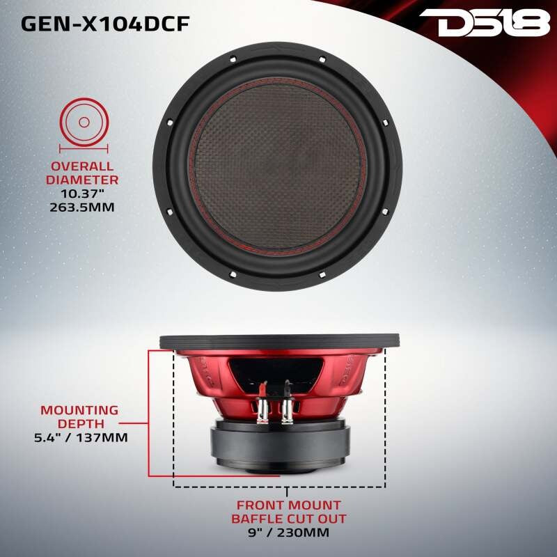 DS18 10in 600 Watts RMS 4ohm DVC Carbon Fiber Dust Cap