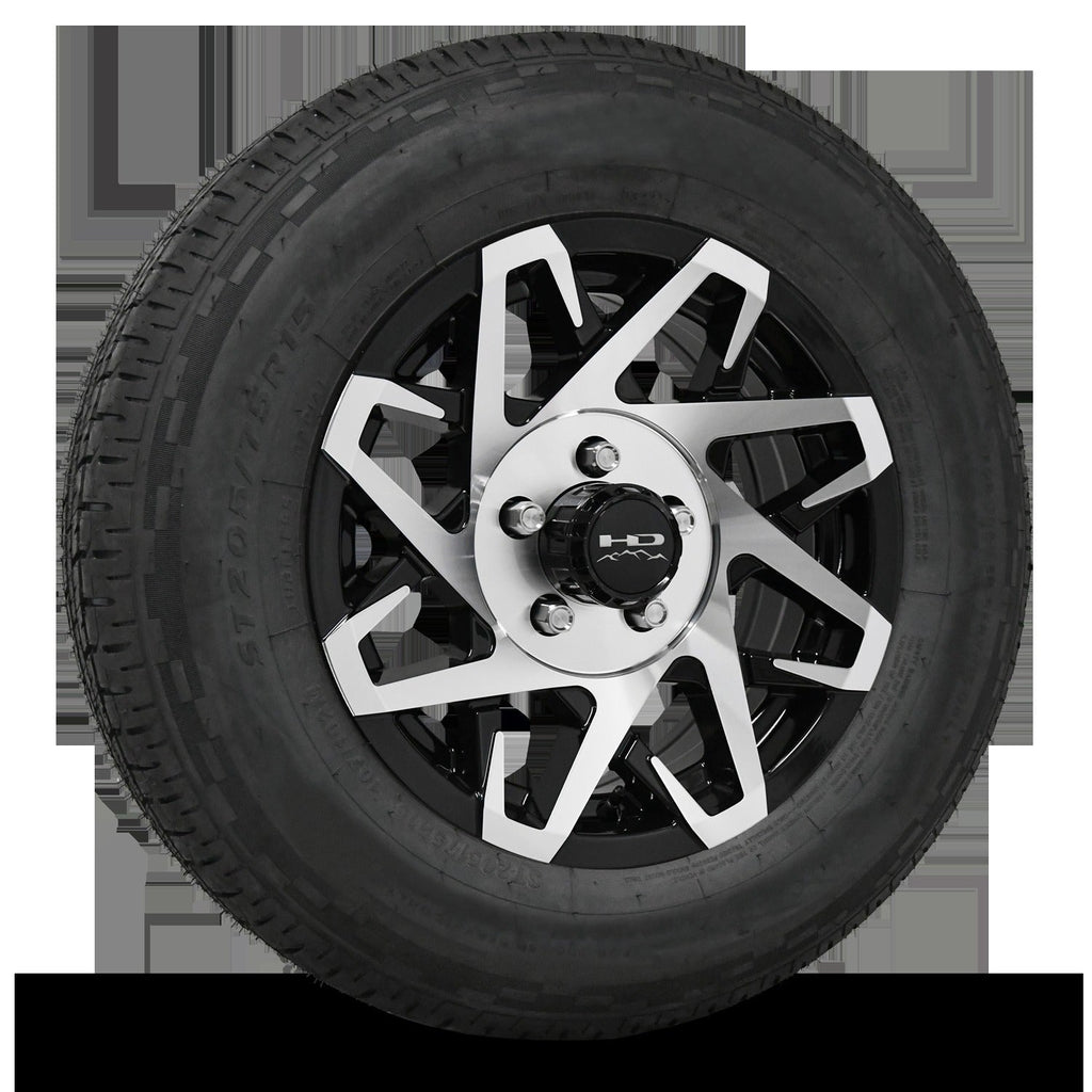 15 INCH | 5 on 4-1/2| CANYON Aluminum Trailer Wheel w/ Radial Tire Assembly | Gloss Black with Machined Face ( 1pc )