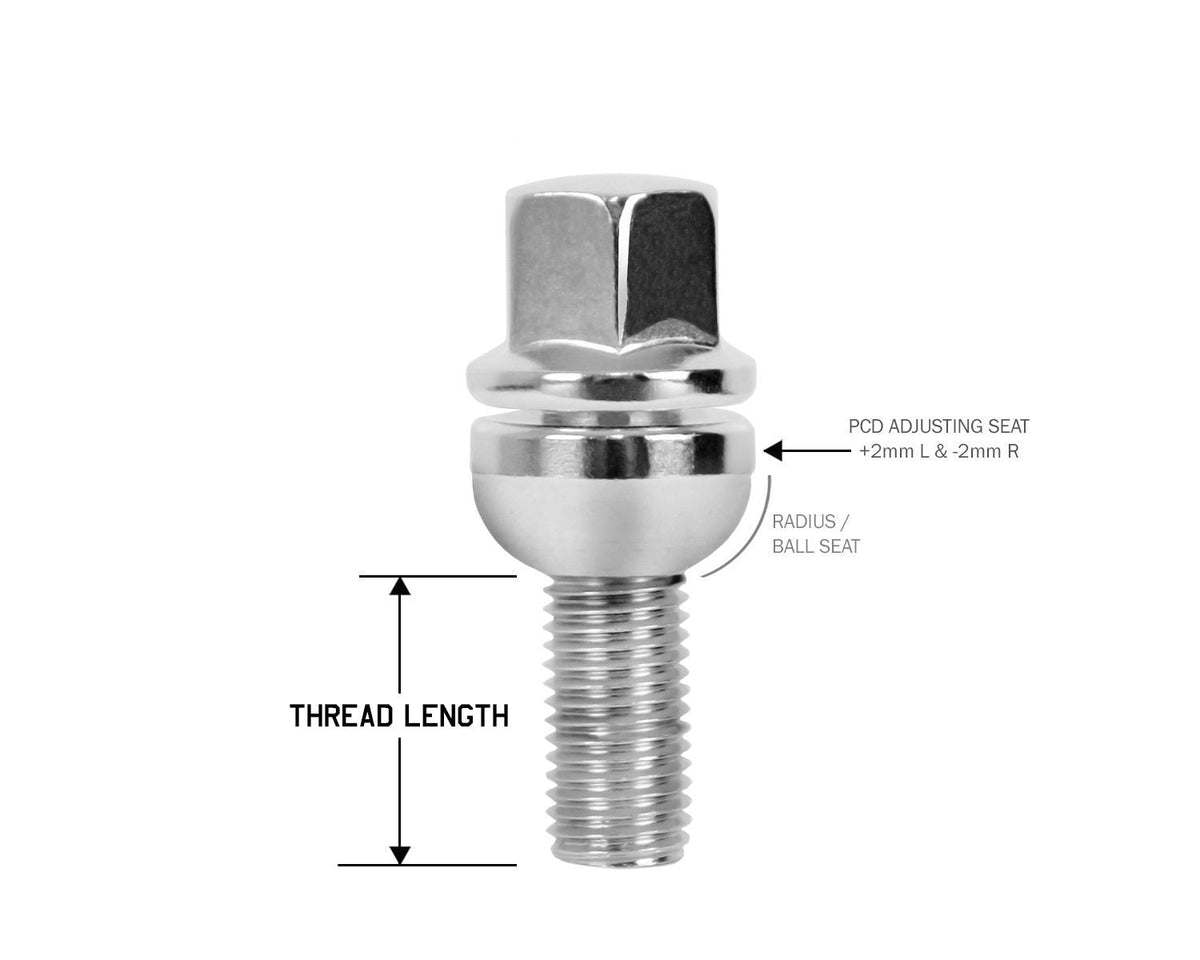 Perfectly Tight Adjustable 17mm Hex Lug Bolt Radius Seat 14x1.5 x 26mm - Chrome Steel - Set of 20