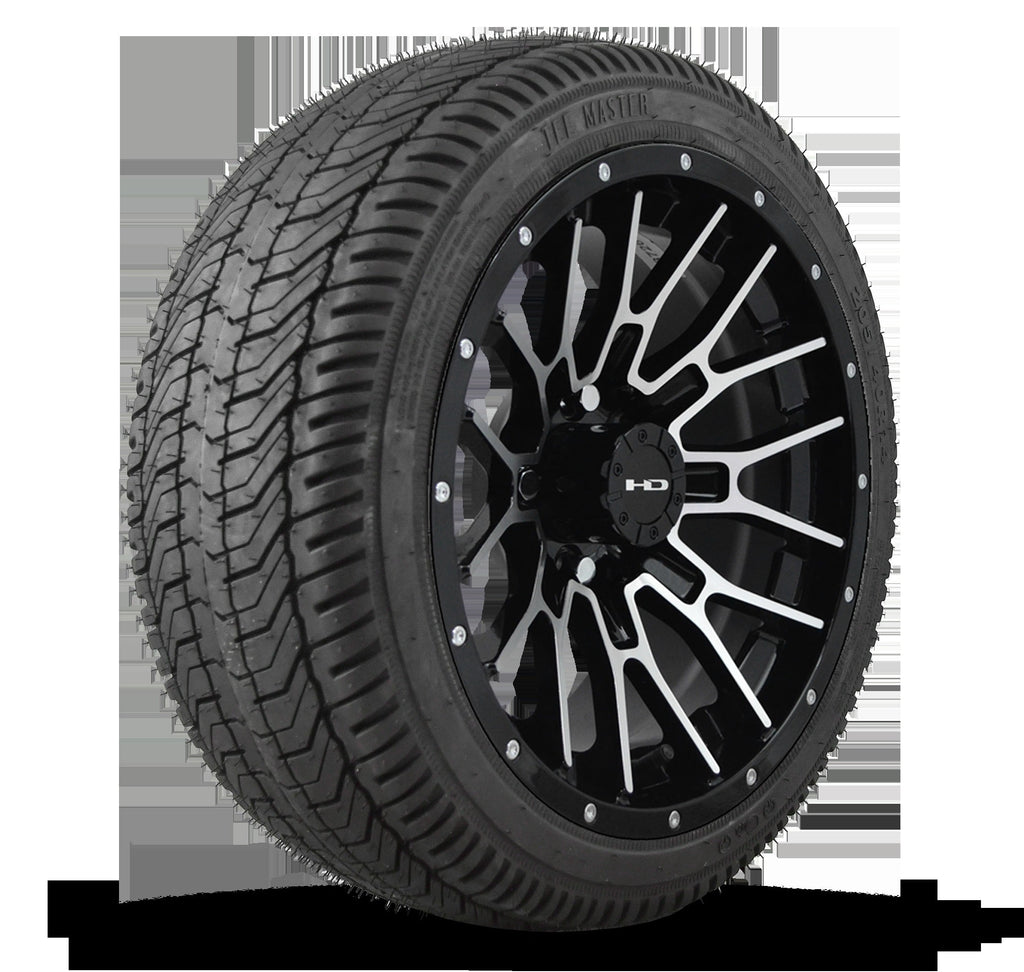 HD Golf Wheel & Tire Package ( 1pc ) 12x7.0 RTC Black Machined Face + Rivets w ( 1pc ) 215/35-12 All-Season Tire