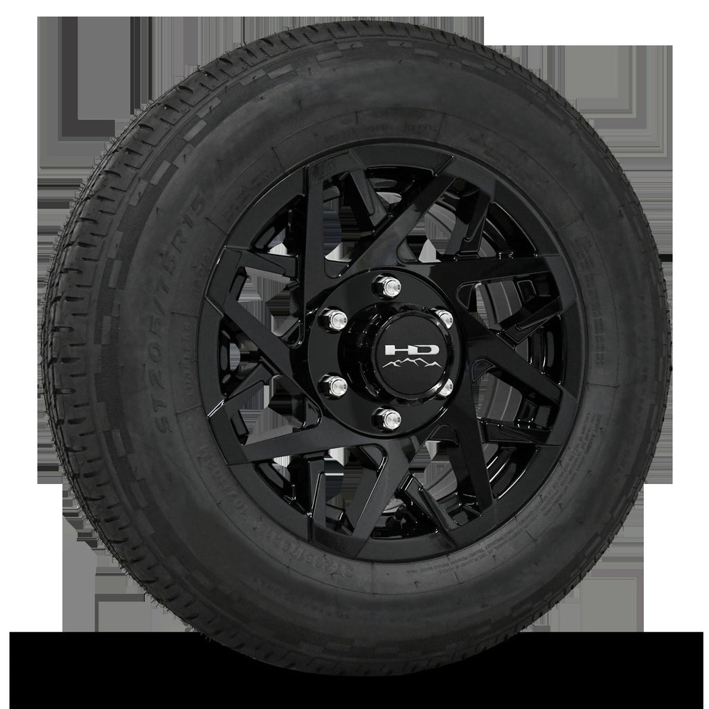 16 INCH | 6 on 5-1/2 | CANYON Aluminum Trailer Wheel w/ Radial Tire Assembly | All Gloss Black ( 1pc )