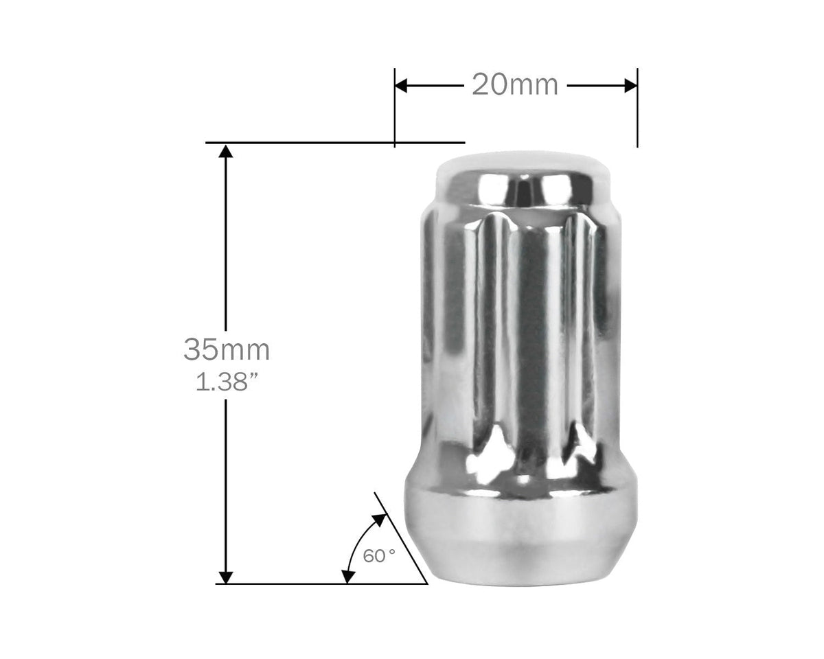 Perfectly Tight 7 Spline Lug Nut Tapered Seat 1/2-20 x 35mm - Chrome Steel - Set of 20 w/ Key