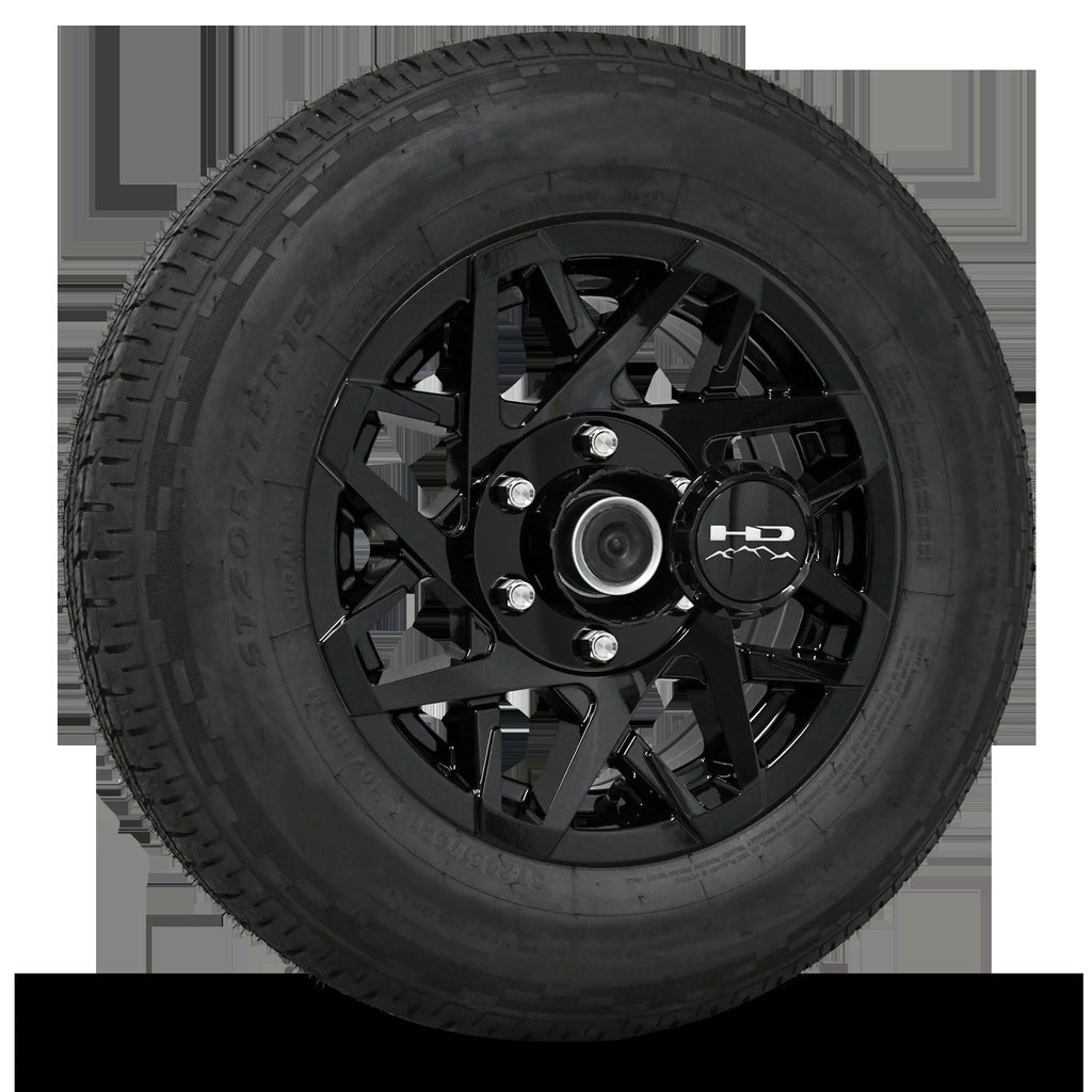 15 INCH | 6 on 5-1/2 | CANYON Aluminum Trailer Wheel w/ Radial Tire Assembly | All Gloss Black ( 1pc )