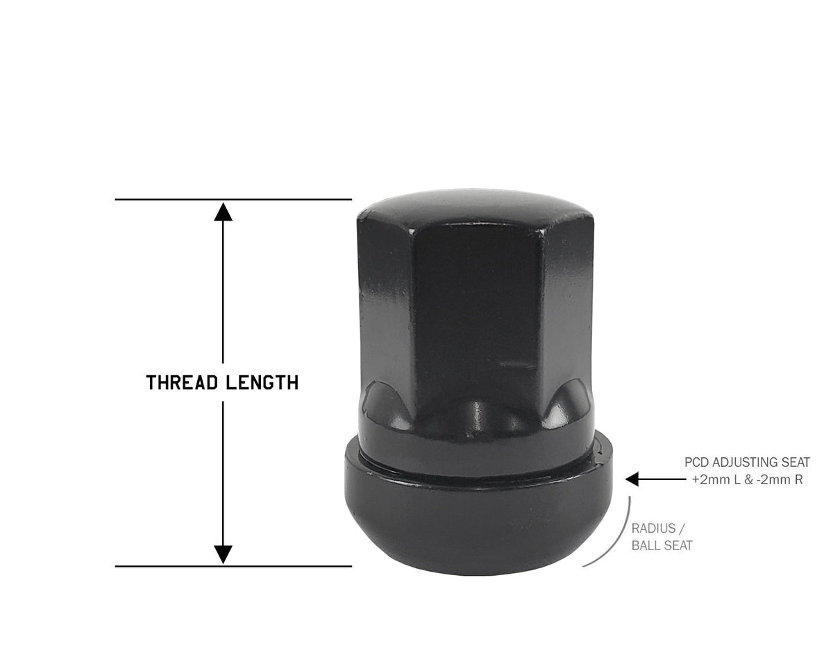 Perfectly Tight Adjustable 19mm Hex Lug Nut Radius Seat 12x1.25 x 32mm - Black Steel - Set of 20
