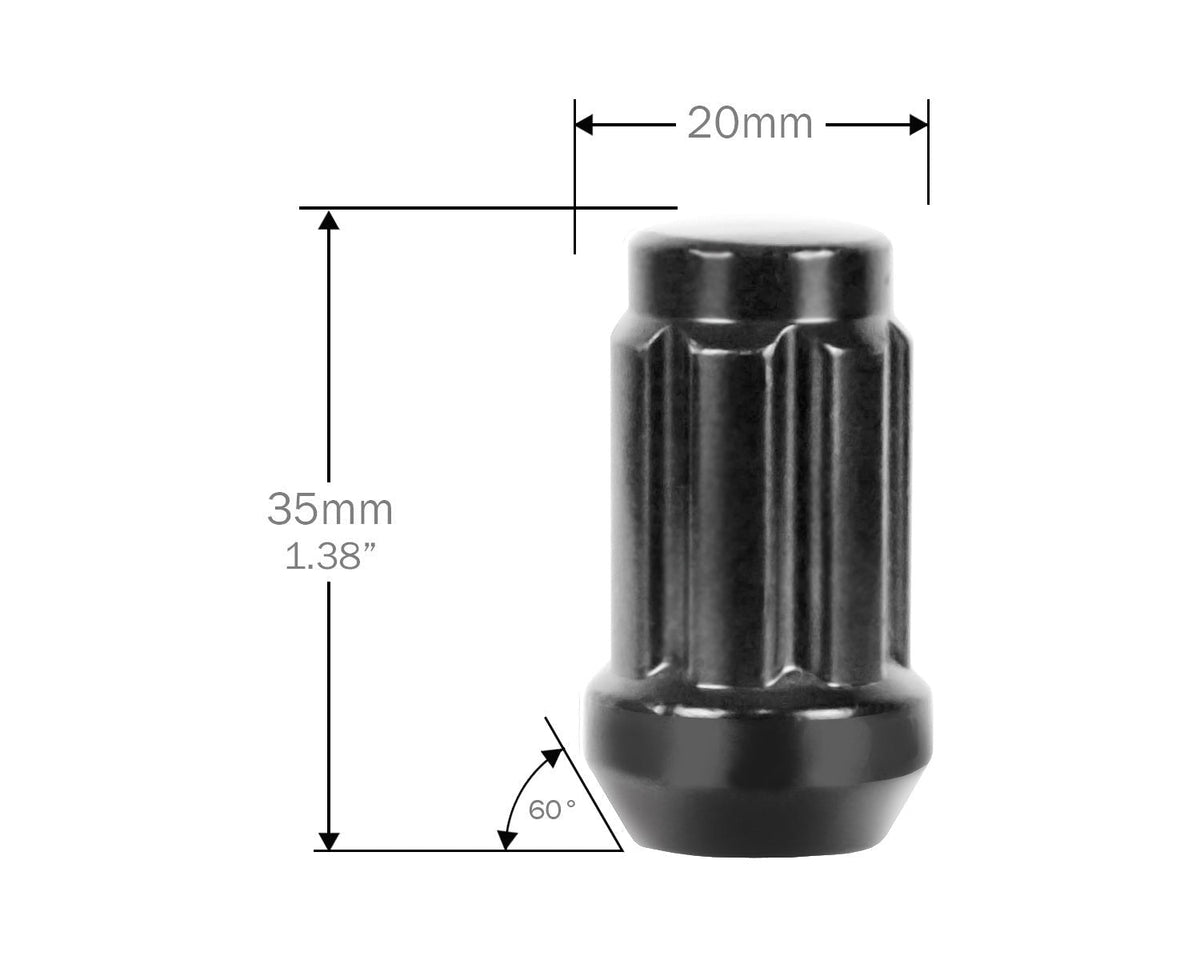 Perfectly Tight 7 Spline Lug Nut Tapered Seat 1/2-20 x 35mm - Black Steel - Set of 20 w/ Key