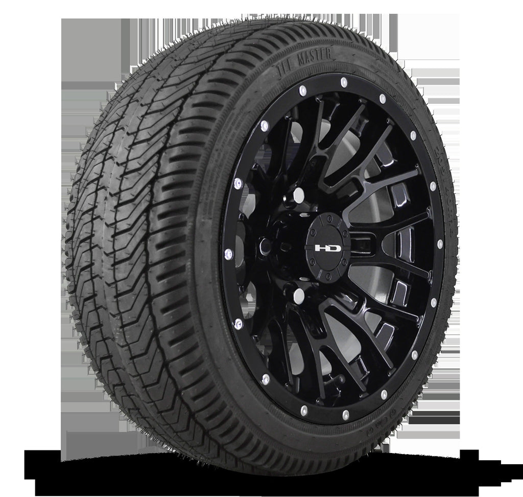 HD Golf Wheel & Tire Package ( 1pc ) 12x7.0 RTC All Gloss Black + Rivets w ( 1pc ) 215/35-12 All-Season Tire