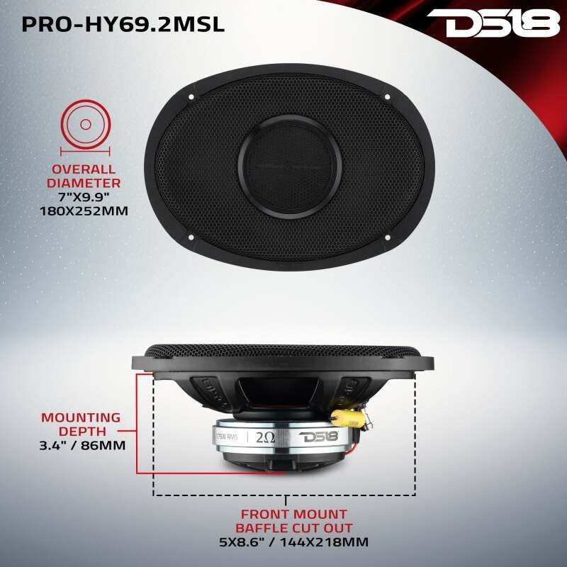 DS18 6x9 175 Watts RMS 2ohm Mid-Range Shallow Grill Included