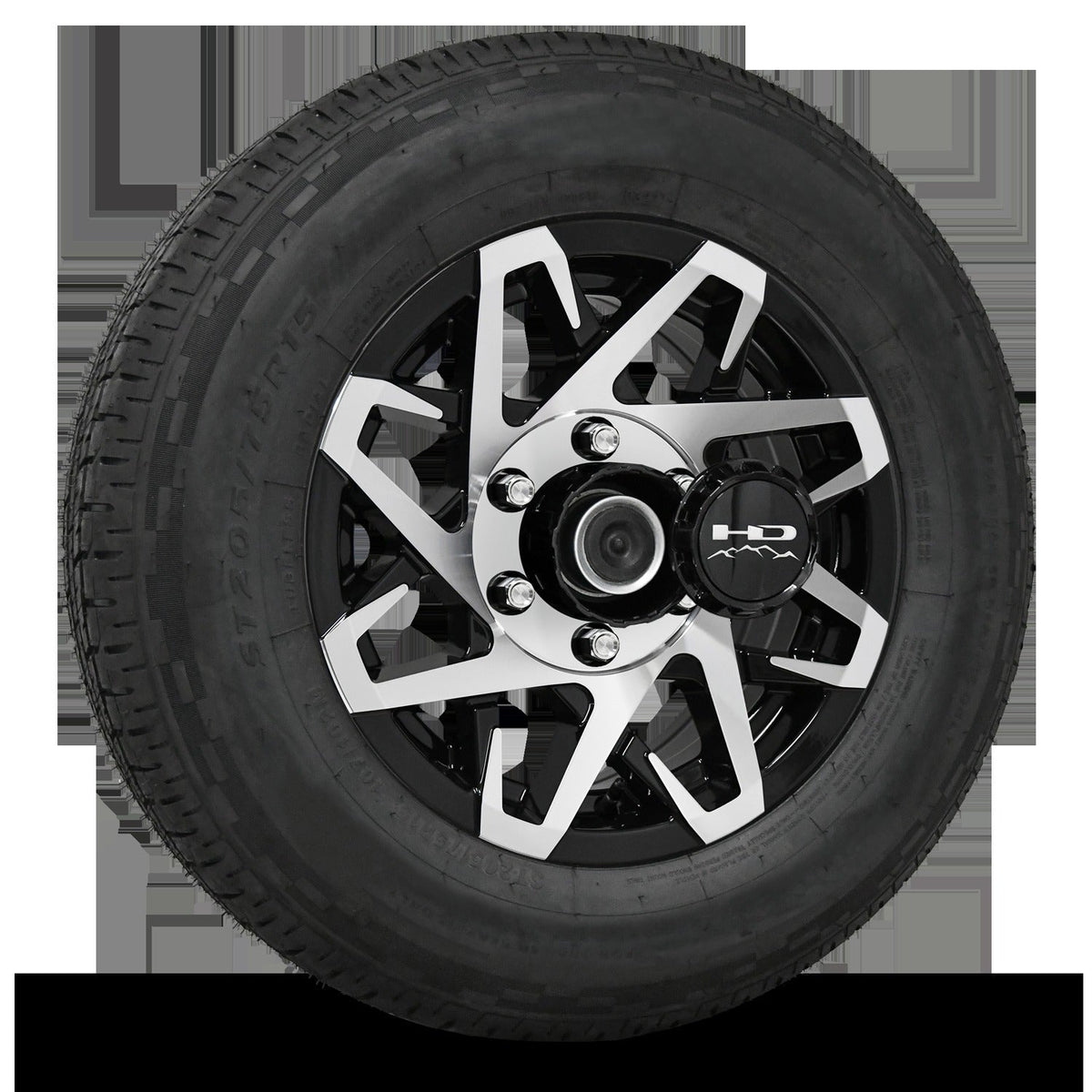 16 INCH | 6 on 5-1/2 | CANYON Aluminum Trailer Wheel w/ Radial Tire Assembly | Gloss Black with Machined Face ( 1pc )