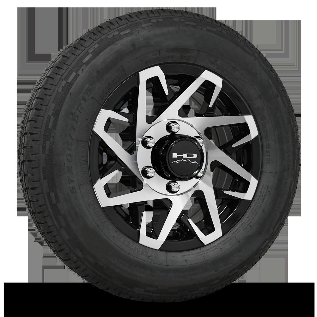 15 INCH | 6 on 5-1/2 | CANYON Aluminum Trailer Wheel w/ Radial Tire Assembly | Gloss Black with Machined Face ( 1pc )